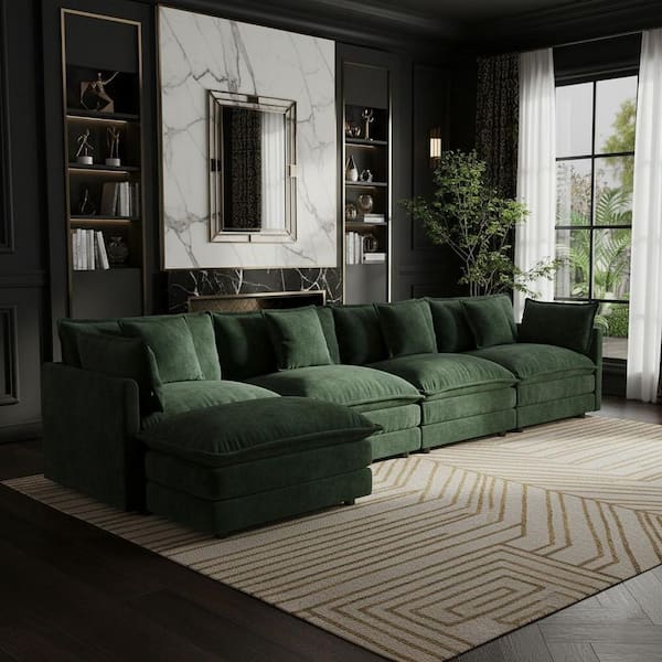 HEAT 146.5 in. Track Arm 5-Piece Chenille Sectional Sofa with 1 Reversible Ottoman and Deep Seat, in Pine Green