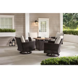 Lakeline 5-Piece Brown Metal Outdoor Patio Fire Pit Swivel Seating Set with CushionGuard Almond Cushions