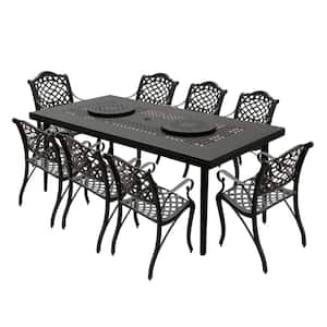 Black 9-Piece Aluminum Rectangular Mesh Outdoor Dining Set with 8-Chairs and 2 Lazy Susans