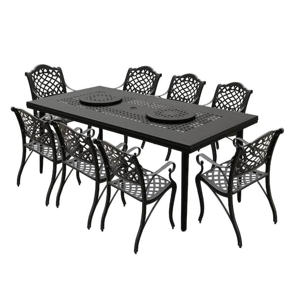 Oakland Living Black 9-Piece Aluminum Rectangular Mesh Outdoor Dining Set with 8-Chairs and 2 Lazy Susans