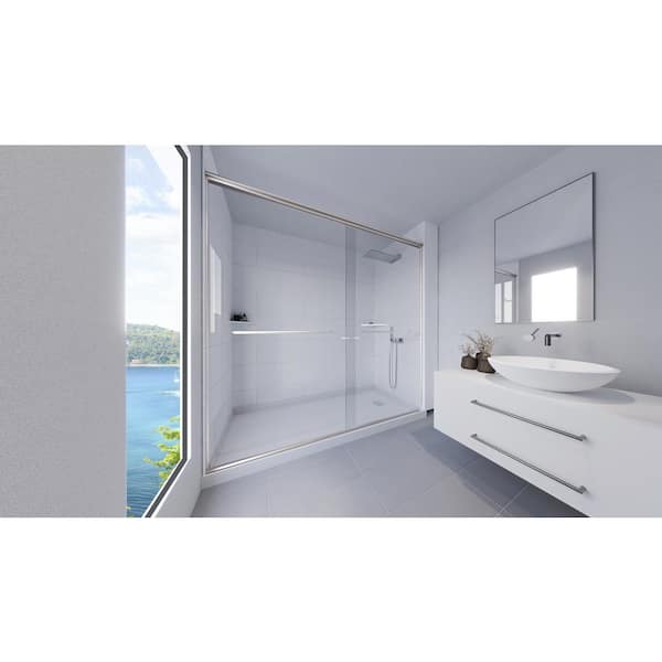 NuVo Winter White-Rainier 60 in. L x 32 in. W x 99 in. H Floor/Ceiling Base/Wall/Door Alcove Shower Stall/Kit Chrome Right