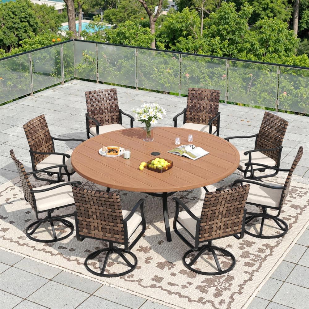 9-Piece Metal Outdoor Patio Dining Set with 8 Swivel Wicker Chairs, Beige Cushions and 60 in. Walnut Round Table price history on PriceWatchPro
