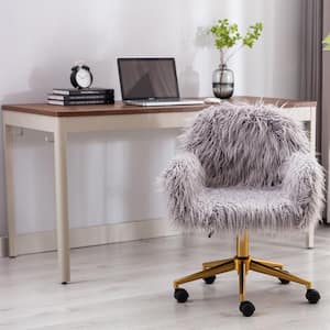 33.6 in. Gray Faux Fur Home Office Side Chair for Girls with Gold Plating Base
