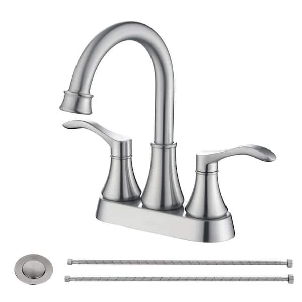 Lukvuzo 4 in. Centerset Double Handle Mid Arc Bathroom Faucet with Drain Kit Included in Brushed Nickel