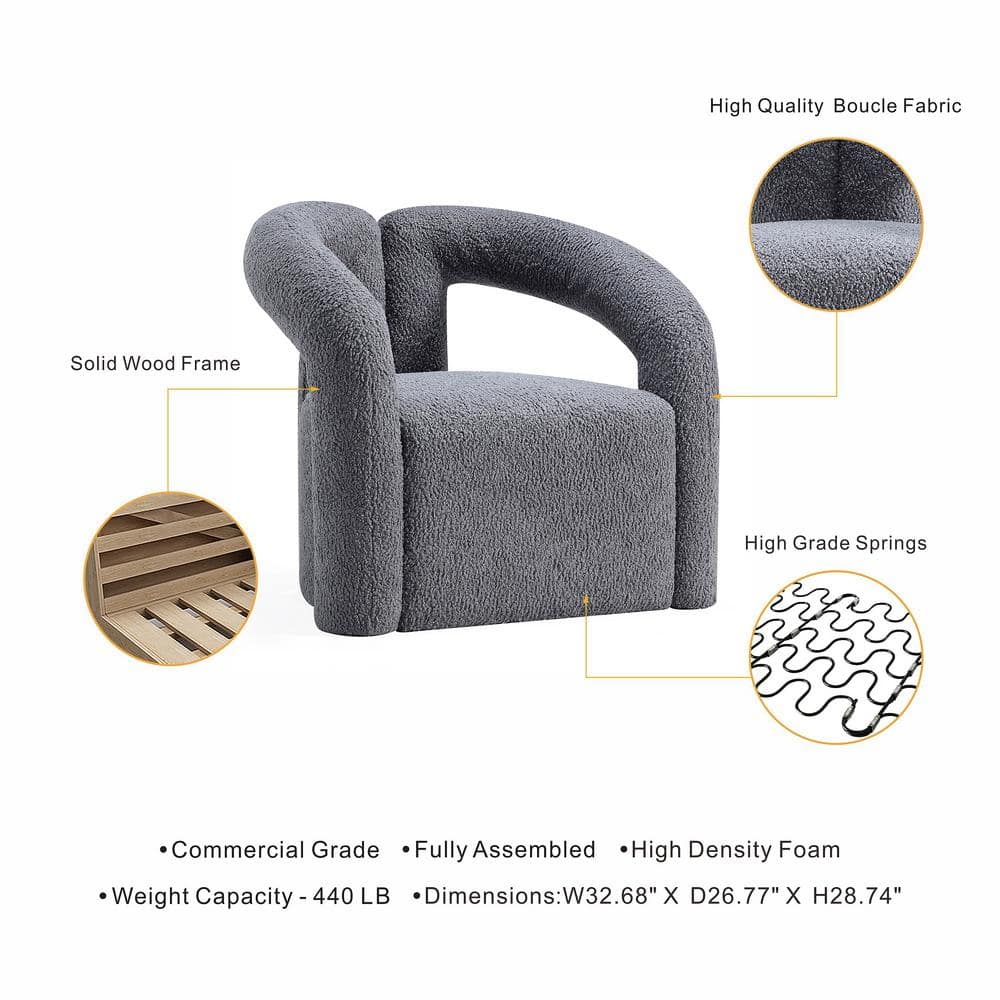Gray Boucle Barrel Accent Chair with Pine Wood Frame