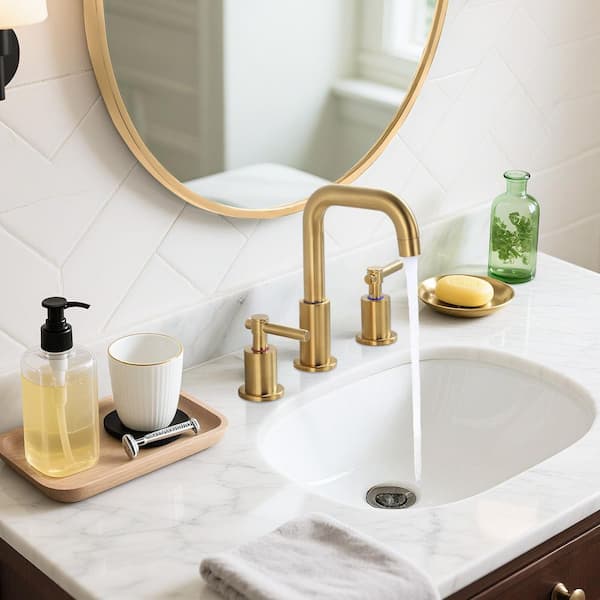 3 Hole 8 in. Widespread Double Handle High Arc Bathroom Faucet with Drain Kit Included and Supply Line in Gold