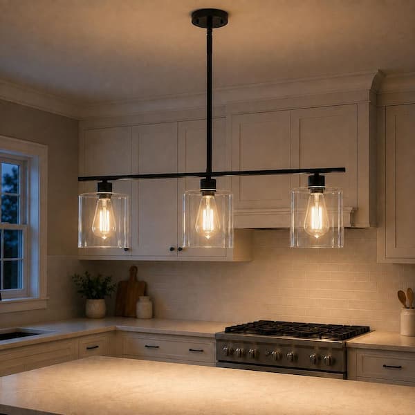 3-Light Matte Black Modern Kitchen Island Light fixtures,Linear Chandelier Pendant Hanging Light with Clear Glass Shade
