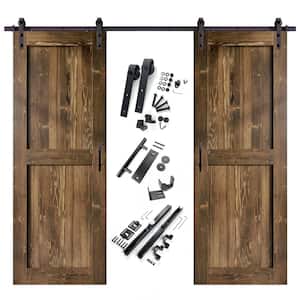 34 in. x 84 in. H-Frame Walnut Double Pine Wood Interior Sliding Barn Door with Hardware Kit Non-Bypass
