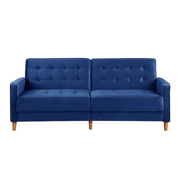 ATHMILE 78 in. W Square Arm Velvet Straight Twin Sofa in Blue