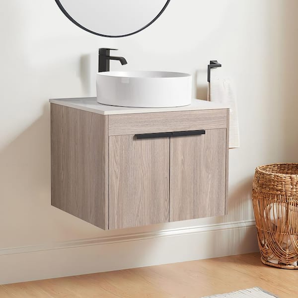 Modern 23.6 in. W x 18.9 in. D x 23.8 in . H Floating Bath Vanity in White Oak with White Ceramic Top