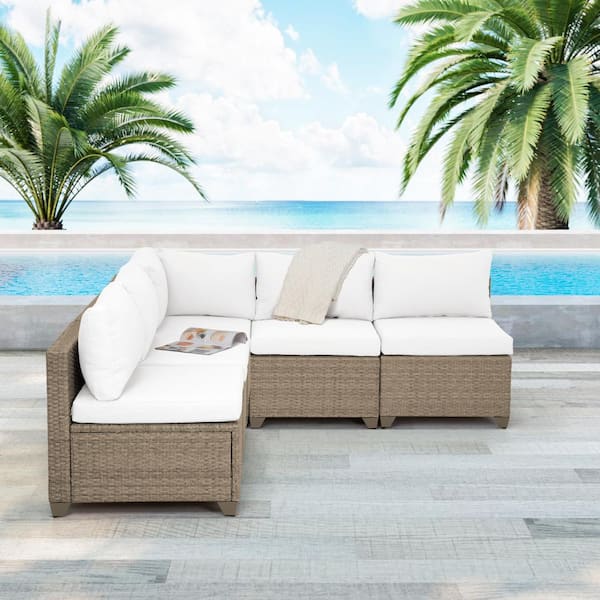 TK CLASSICS Maui 5-Piece Wicker Patio Conversation Set with Linen White Cushions