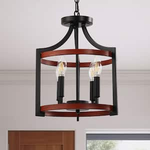 4-Light Black and Wood Drum Pendant Light, Convertible Semi Flush Mount Ceilingfor Dining Room,Bedroom, Foyer, Entryway