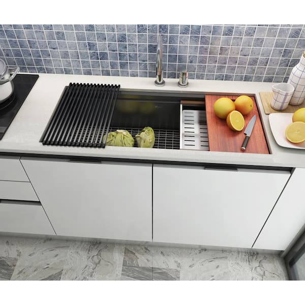 All-in-One Series Undermount Stainless Steel 36 in. Single Bowl Kitchen Sink in Galaxy Black Finish w/ Accessories