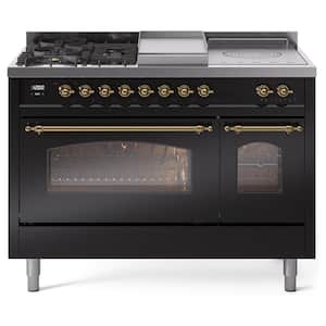 Nostalgie II 48 in. 5 Burner+Frenchtop+Griddle Freestanding Double Oven Dual Fuel Range in Glossy Black with Brass