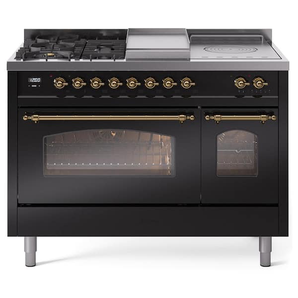 ILVE Nostalgie II 48 in. 5 Burner+Frenchtop+Griddle Freestanding Double Oven Dual Fuel Range in Glossy Black with Brass