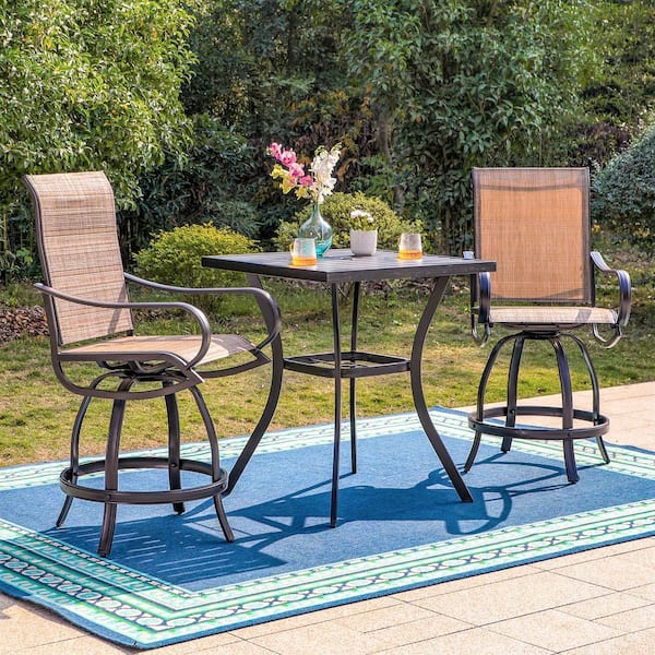 Black 3-Piece Metal Square Outdoor Bistro Patio Bar Set with Slat Bar Table and Swivel Bistro Chairs