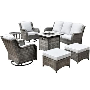 New Kenard Gray 7-Piece Wicker Patio Fire Pit Conversation Set with Gray Cushions and Swivel Rocking Chairs