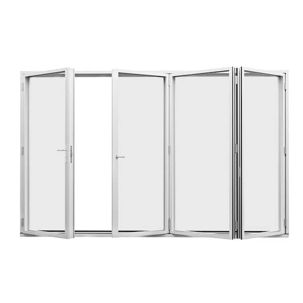 120 in. x 80 in. Right Center Opening/Outswing Double Prehung Tempered Glass White Aluminum Folding Patio Door