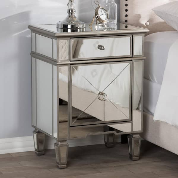 Baxton Studio Claudia 2-Drawer Silver Metallic Nightstand