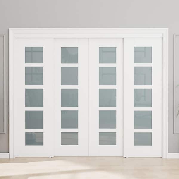 ARK DESIGN 70 in. x 80 in. 5-Lite Tempered Frosted Glass Primed White MDF Interior Closet Sliding Door w/Black Handles and Hardware