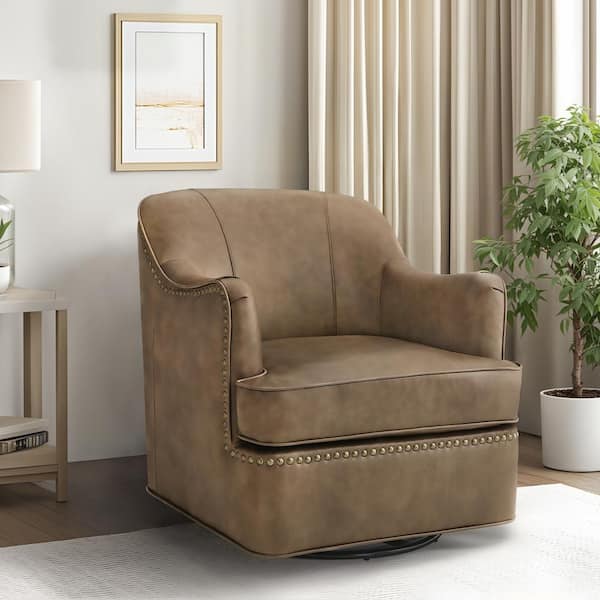 Fazio Grayish Brown Genuine Leather Curved Back Swivel Accent Arm Chair with Nailhead Trims and Metal Base