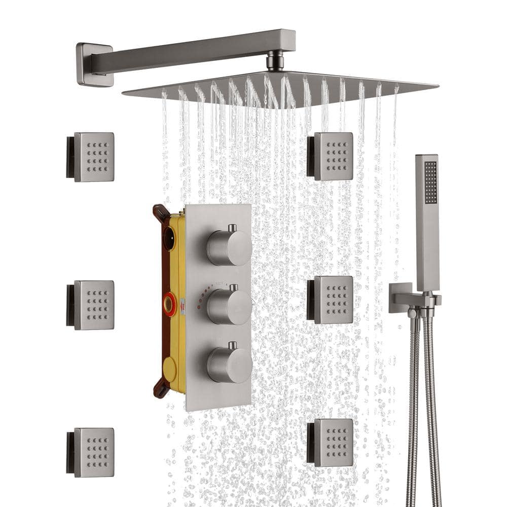 CASAINC 1-Spray Patterns with 2.5 GPM 12 in. Wall Mount Dual Shower Heads with Body Sprays in Brushed Nickel