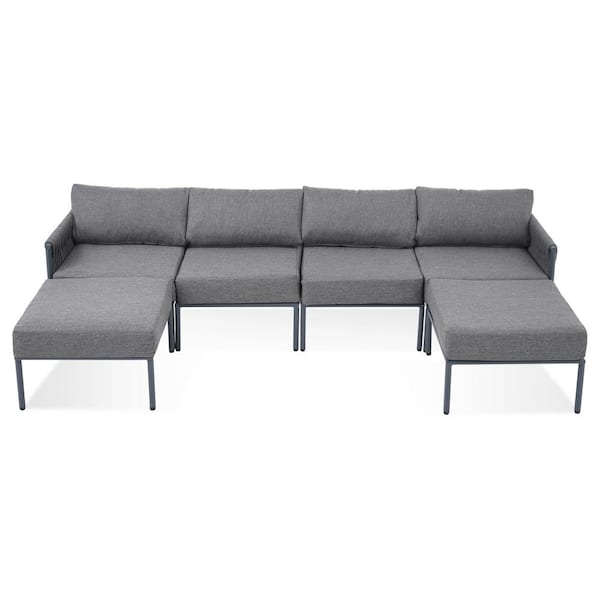 JimsMaison 6-Piece Wicker Patio Outdoor Sectional Furniture Set with Gray Cushions