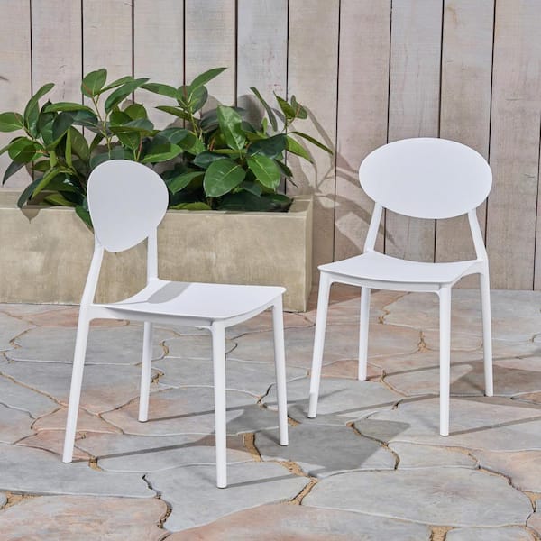 Noble House Westlake White Armless Plastic Outdoor Dining Chairs (2-Pack)