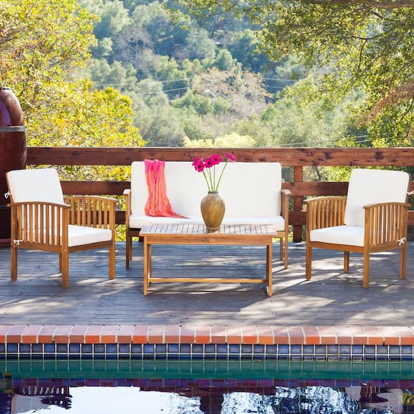 PARASOLAR Natural 4-Piece Wood Patio Conversation Set with Acacia Wood Table and Beige Cushions
