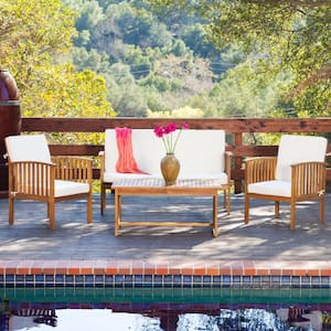 Natural 4-Piece Wood Patio Conversation Set with Acacia Wood Table and Beige Cushions