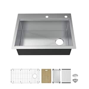 Professional Zero Radius 33 in. Drop-In Single Bowl 16 Gauge Stainless Steel Workstation Kitchen Sink with Accessories