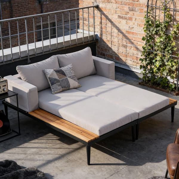 Wood Outdoor Day Bed with Gray Cushions