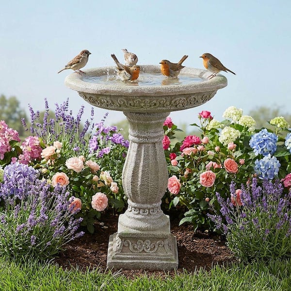 24in. Outdoor Birdbath-Fibre Reinforced Concrete Large Bird Bath Stylish with Modern Pedestal for Garden, Patio, Lawn