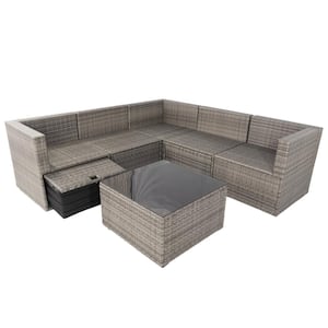 6-Pieces Wicker PE Rattan Outdoor Sectional Sofa Set with Dark Grey Cushion and 3-Storage Under Seat