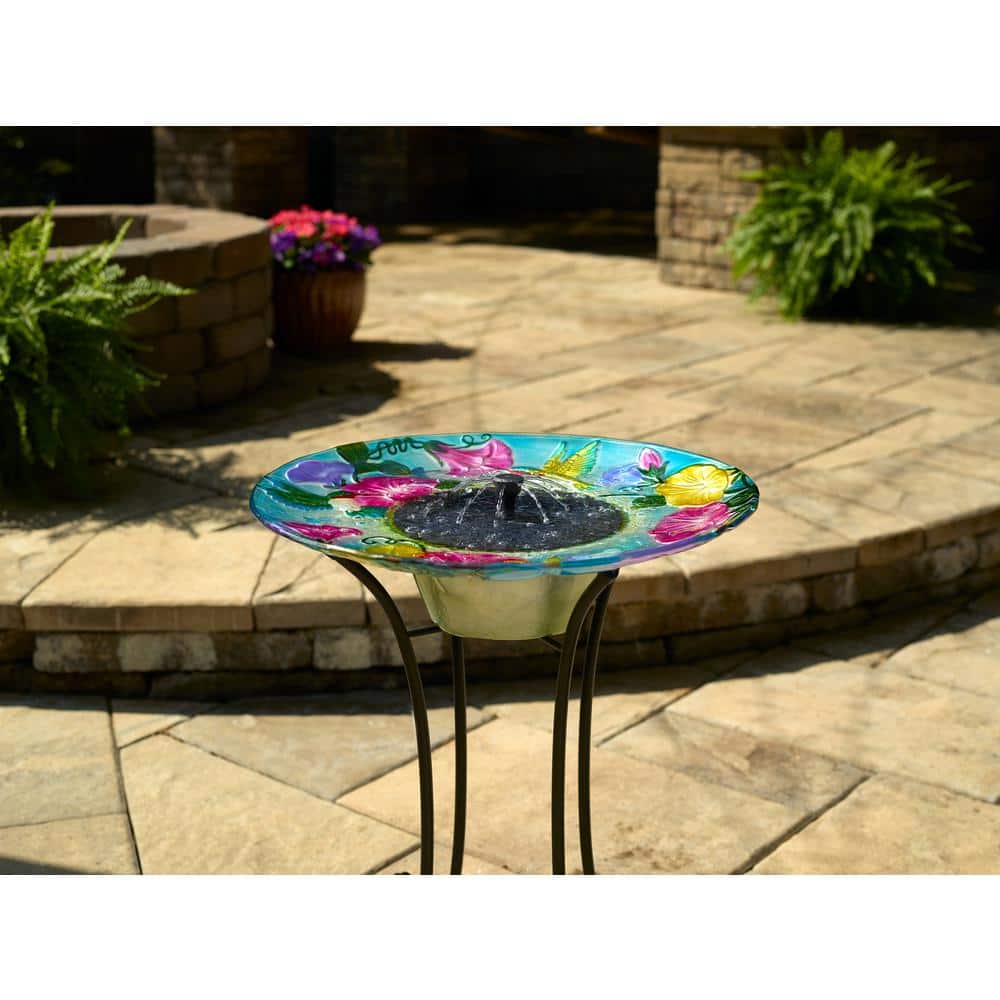 Hummingbird Hand-Painted Glass Solar Birdbath with Steel Stand