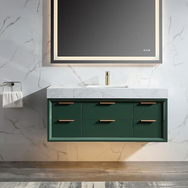 Lonni 48 in. W X 20.7 in. D X 21.3 in. H Floating Bathroom Vanity in Green solid Oak/White Marble Countertop and Lights