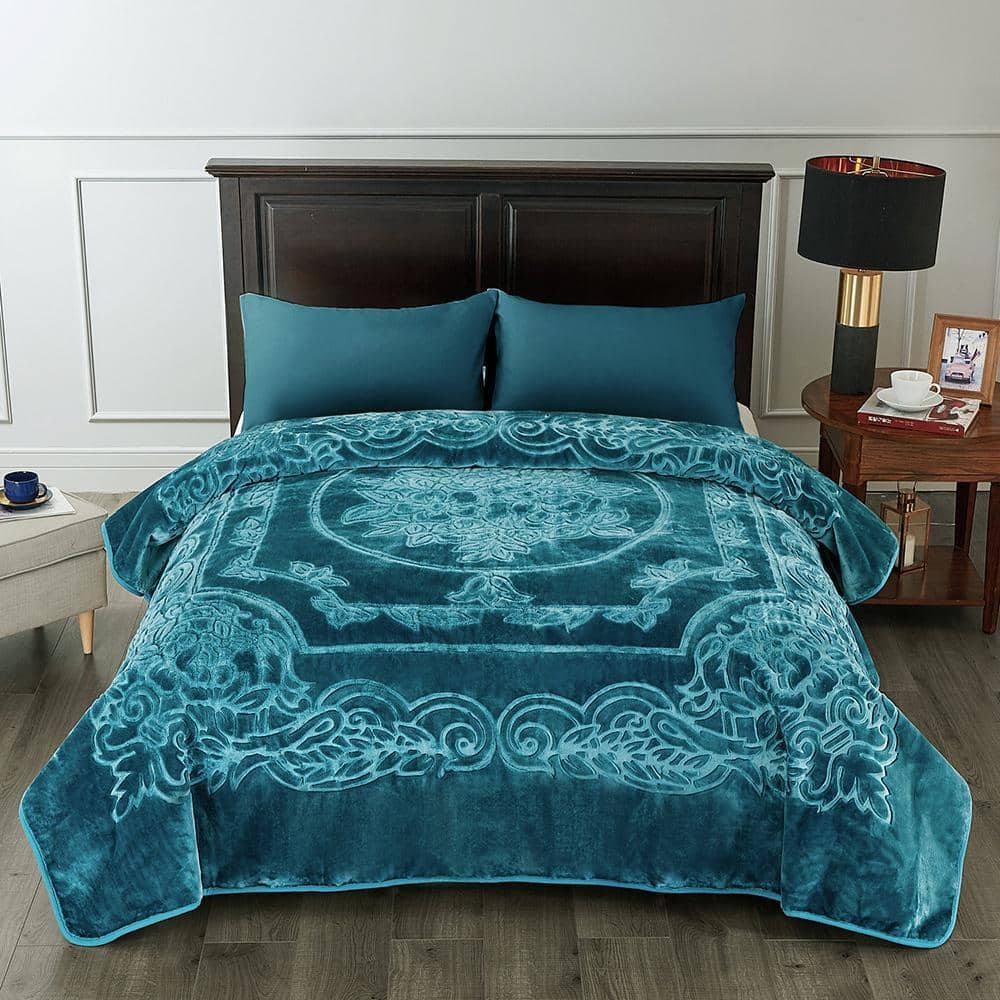 JML Teal Embossed King Mink Fleece Blanket Jasmine06-Teal - The
