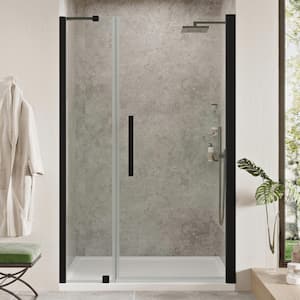 Pasadena 48in. L x 32in. W x 75in. H Alcove Shower Kit w/Pivot Frameless Shower Door in Black w/Shelves and Shower Pan