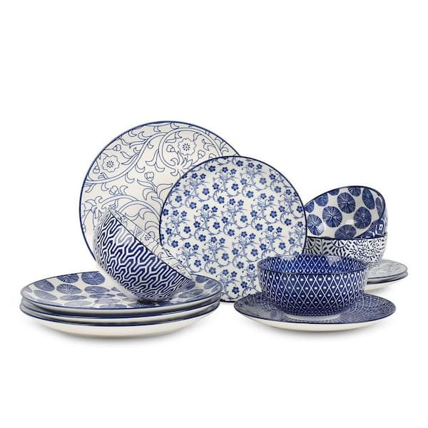 12-Piece Ceramic Dinnerware Sets, Scratch Resistant Dishes set for 4, Dishwasher and Microwave Safe, Vintage Blue