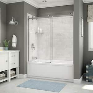 Utile 32 in. x 60 in. x 81 in. Bath and Shower Combo in Marble Carrara with New Town Left Drain, Halo Door Chrome