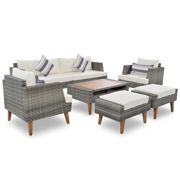 6-Piece Patio Gray Wicker Outdoor Sectional Set with Double Beige Cushions and Wood Table Top