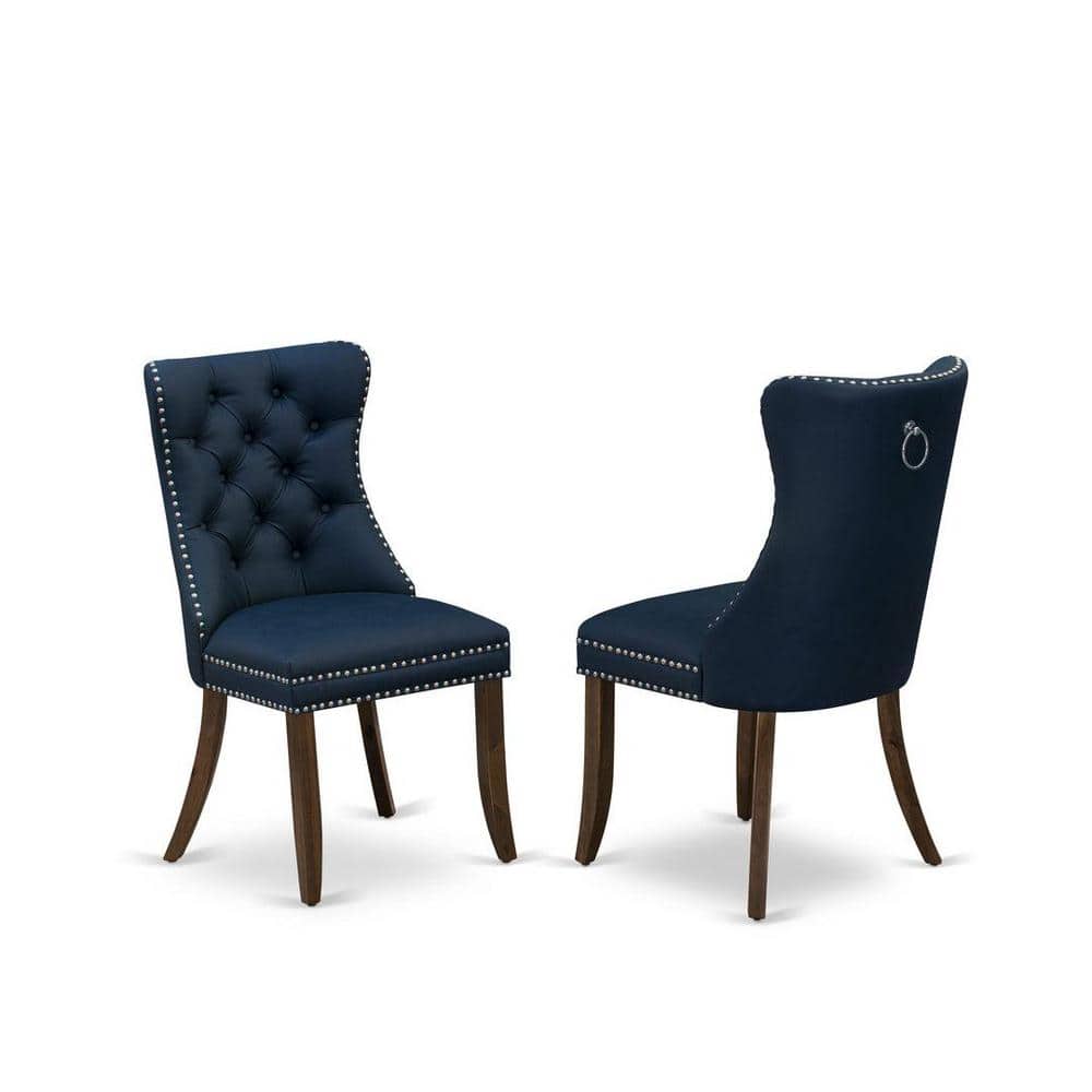Antique Walnut Round Rubberwood Dining Table with Dropleaf and 2 Navy Blue Faux Leather Chairs
