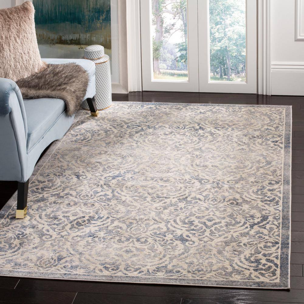 Light Grey and Blue Damask Synthetic Area Rug, 9' x 12'
