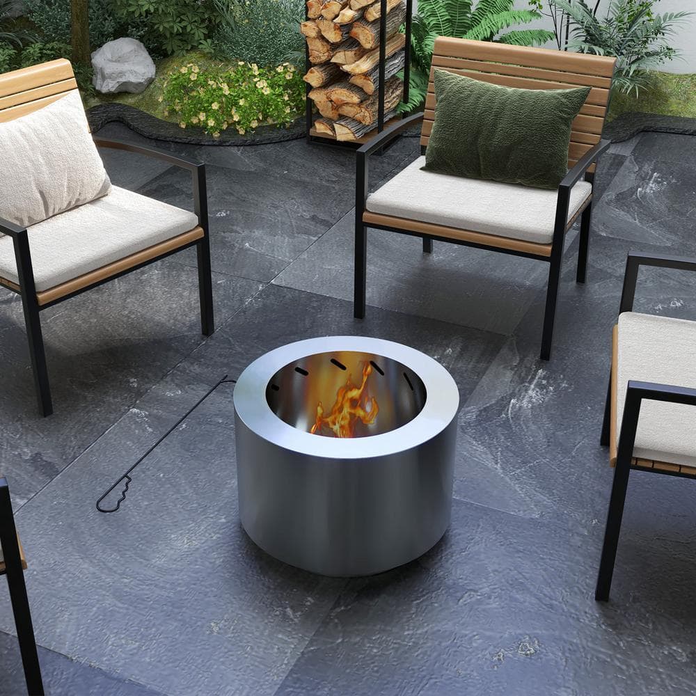 Silver Stainless Steel Smokeless Wood Burning Fire Pit with Poker