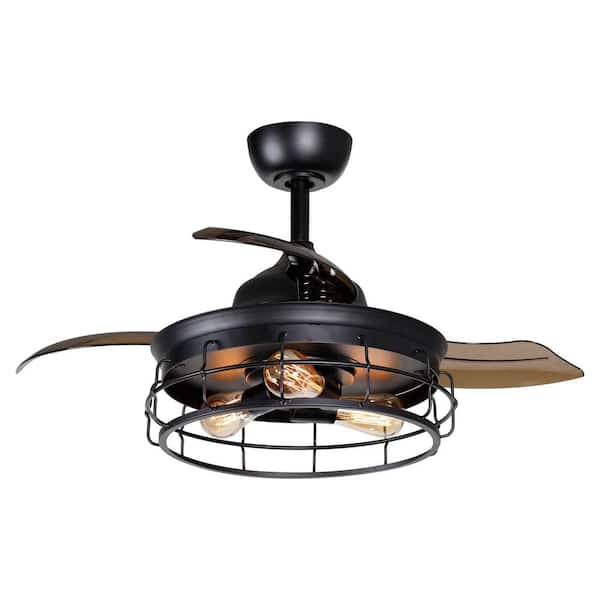 Parrot Uncle 36 in. Industrial Retractable 3-Blade Black Ceiling Fan with Light Kit and Remote Control