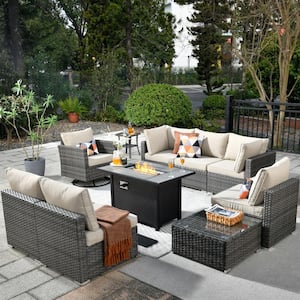 Sanibel Gray 10-Piece Wicker Patio Conversation Sofa Set with a Swivel Chair, a Metal Fire Pit and Beige Cushions