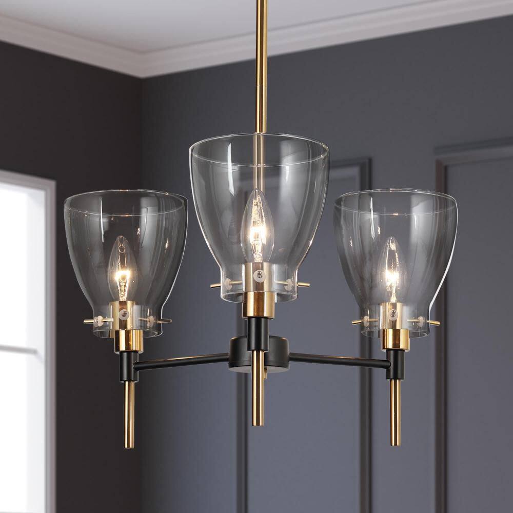Transitional 3-Light Black and Brass Gold Chandelier for Dining Room, Island Pendant Light with Bell Clear Glass Shades price history on PriceWatchPro
