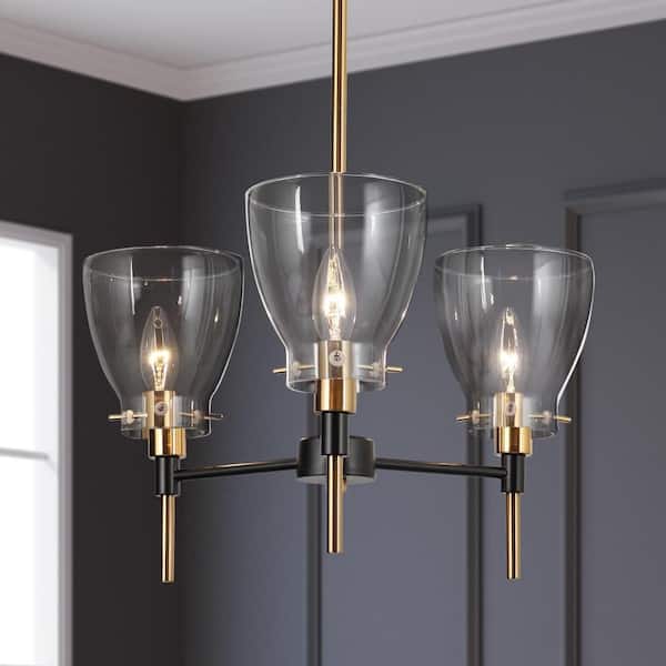 Transitional 3-Light Black and Brass Gold Chandelier for Dining Room, Island Pendant Light with Bell Clear Glass Shades