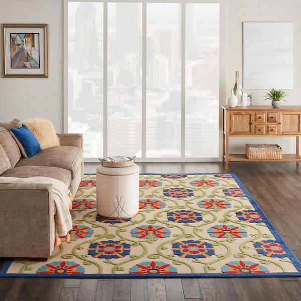 Aloha Easy-Care Blue/Multicolor 8 ft. x 11 ft. Floral Modern Indoor/Outdoor Patio Area Rug