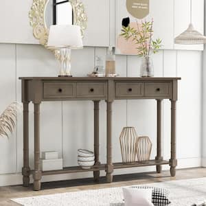 58 in. Console Table Sofa Table Easy Assembly with 2-Storage Drawers and Bottom-Shelf - Grey Wash